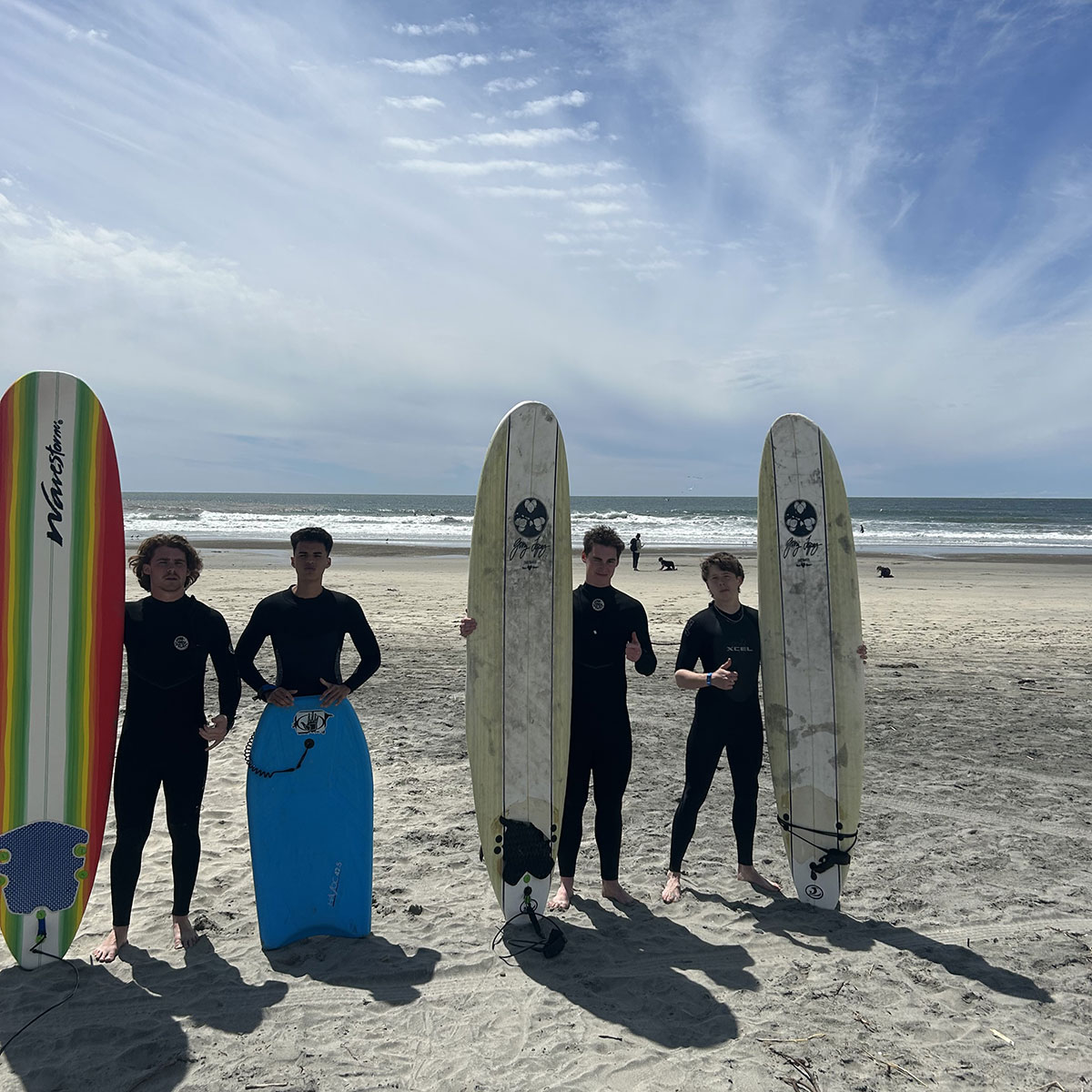 Guys standing with surfboards boards in their wetsuits at oceanside california