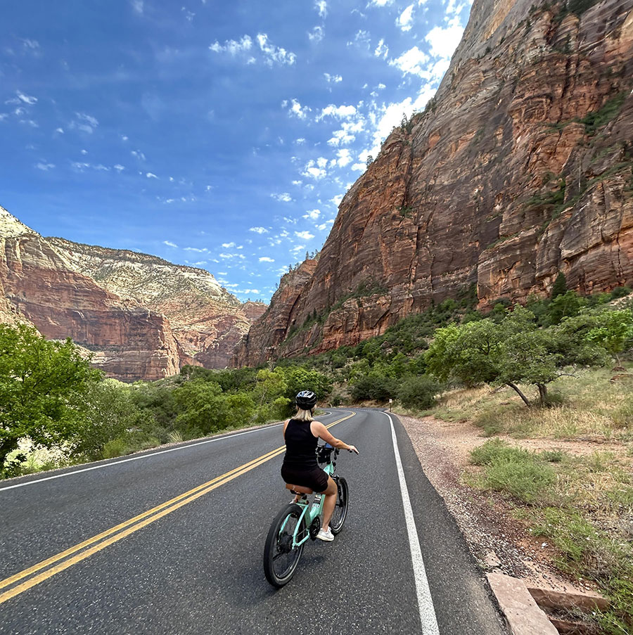 riding through zion national park on a e-bike