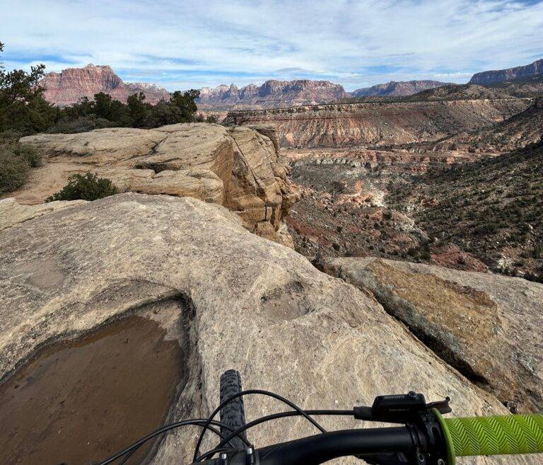 Overlooking a canyon from a slickrock ledge on the Wire Mesa trail
