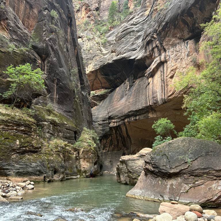 Hiking through the river canyon of the Narrows in Zion National Park